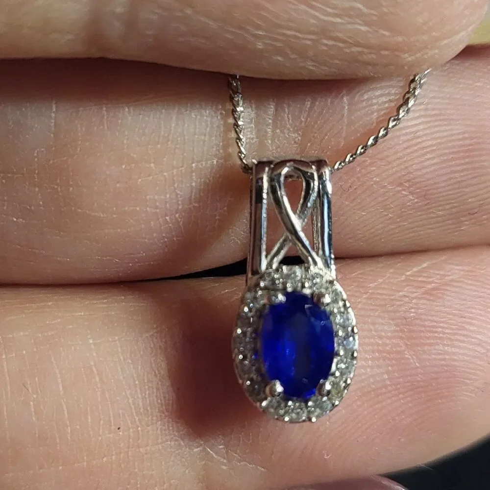 Blue Sapphire and White Zircon Halo Sterling Silver Pendant Necklace